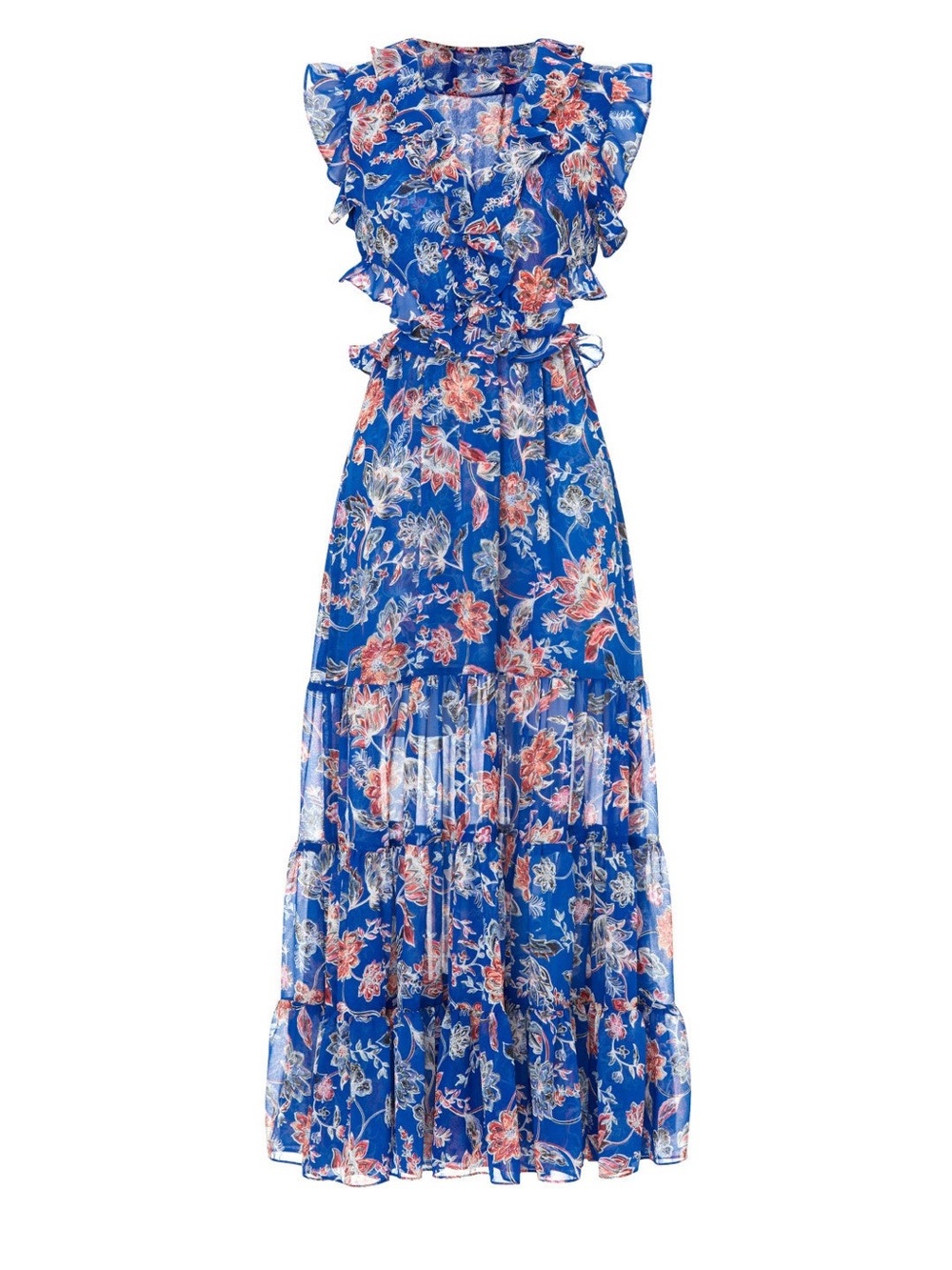 MISA Los Angeles Blue Floral Maxi Dress Ruffle Details + Side Cut Outs Sz: S